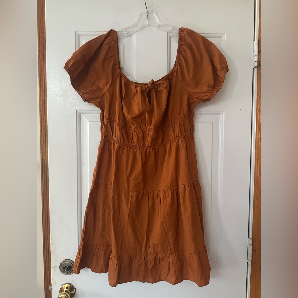 100% Cotton Rust Orange Tiered Boho‎ Short Sleeve Peasant Dress XL.